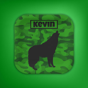 Modern Green Camo Black Wolf Silhouette Monogram Paper Plate