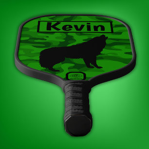 Modern Green Camo Black Wolf Silhouette Monogram   Pickleball Paddle