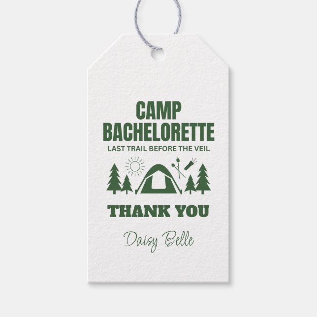 Modern Green Camp Bachelorette Weekend Gift Tags (Front)