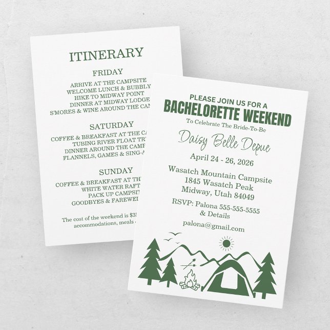 Modern Green Camp Bachelorette Weekend Invitation (Creator Uploaded)