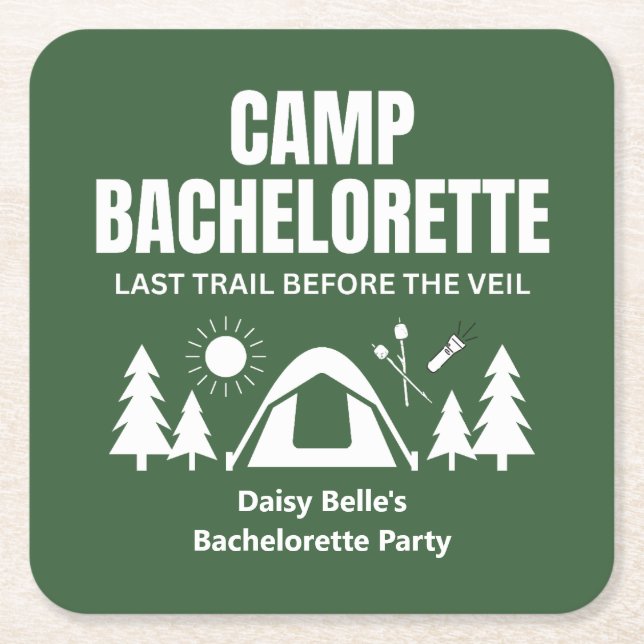 Modern Green Camp Bachelorette Weekend Square Paper Coaster (Front)