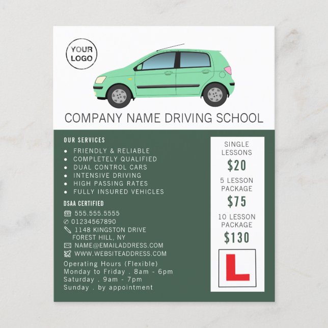 Modern Green Car, Driving School, Instructor Flyer (Front)