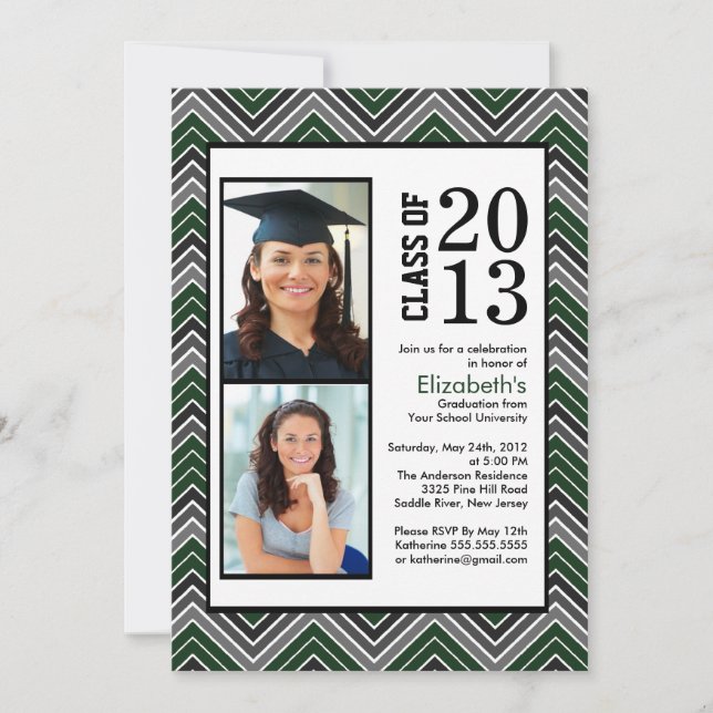 Modern green Chevron Stripes Photo Graduation Invitation (Front)