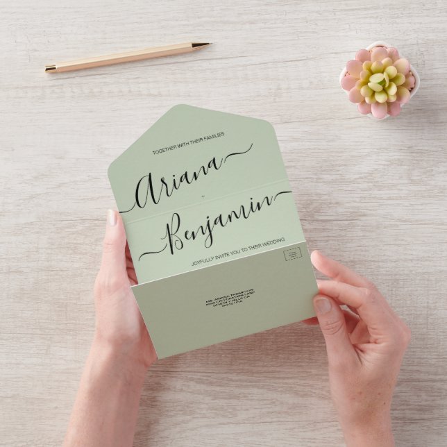 Modern Green Chic Wedding Elegant Name Script All In One Invitation (Video)