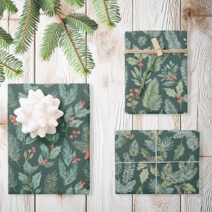 Modern Green Christmas Floral Watercolor Pattern Wrapping Paper Sheet