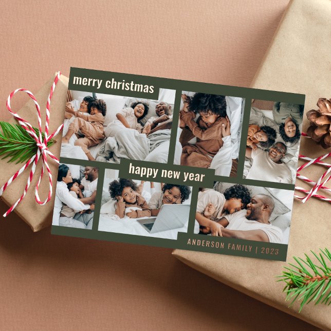 Modern Green Christmas New Year Six Photo Collage Foil Holiday Card (Creator Uploaded)