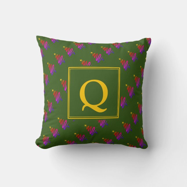 Modern GREEN Christmas Tree MONOGRAM Cushion (Front)