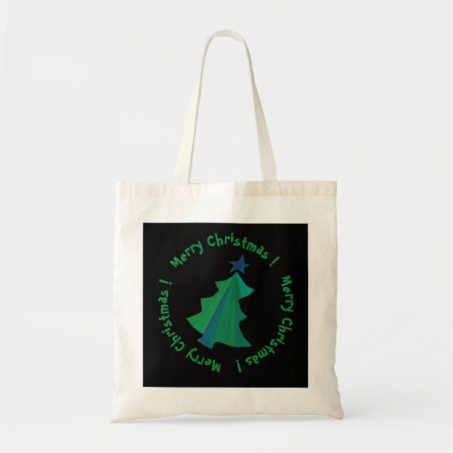 Modern Green Christmas Tree on Black Tote Bag (Front)