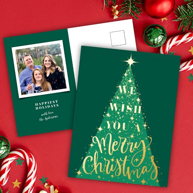Modern Green Christmas Tree Photo Gold Foil Holiday Postcard (Creator Uploaded)
