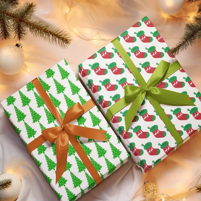 Modern Green Christmas Tree Stocking Holly Wrapping Paper Sheet (Creator Uploaded)