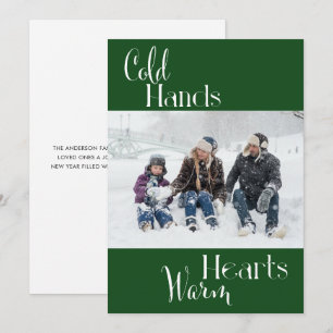 Modern Green Cold Hands Warm Hearts Family Photo Holiday Card