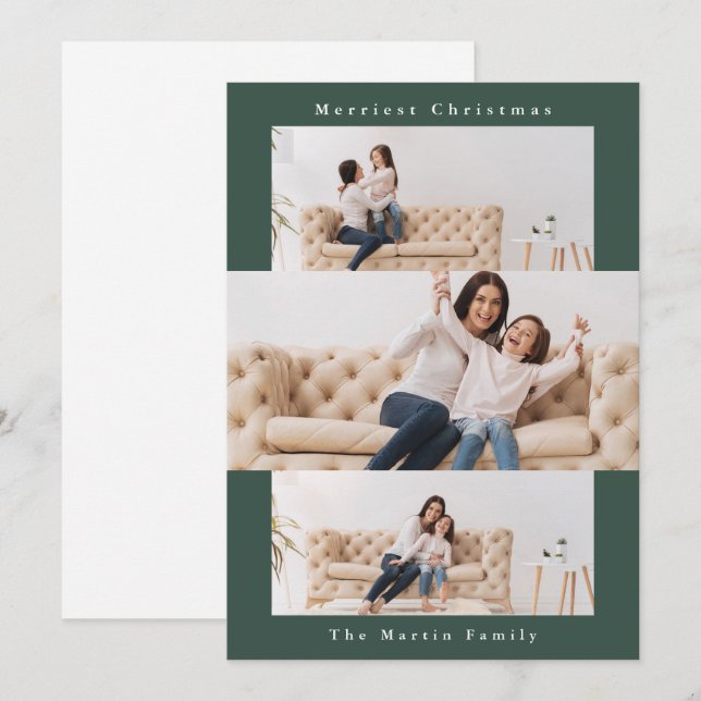 Modern Green Collage with Three Photos Holiday Card (Front/Back)