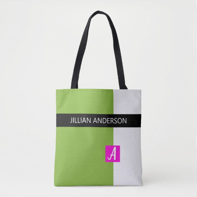 Modern Green Colour Blocked Monogrammed Tote Bag (Front)