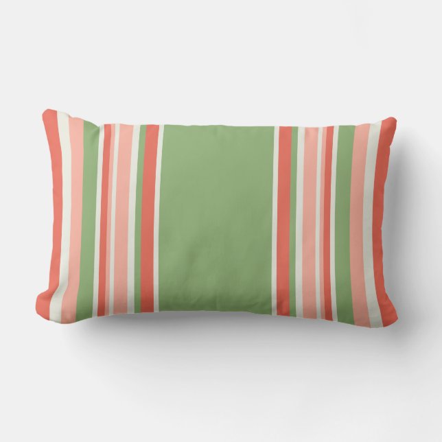 Modern Green Coral Striped Outdoor Lumbar Cushion (Front)