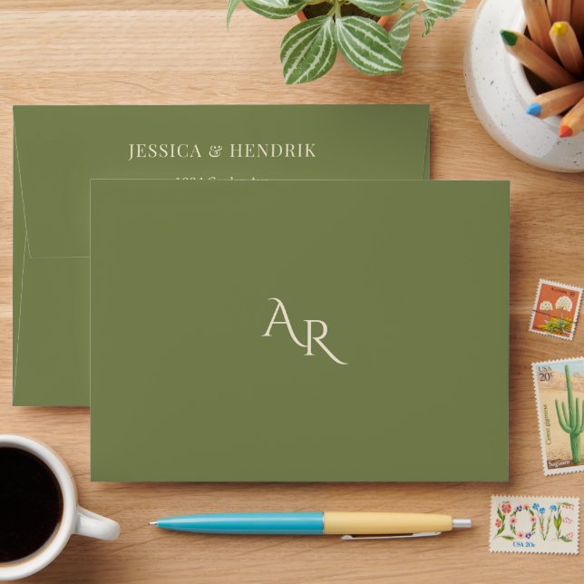 Modern Green Cream Minimalist Elegant Wedding  Envelope (Desk)