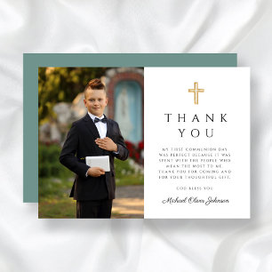 Modern Green Cross Boy First Communion Photo Thank You Card