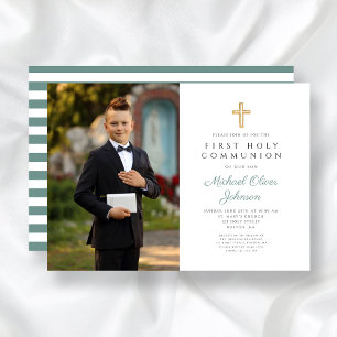 Modern Green Cross Photo Boy First Communion Invitation