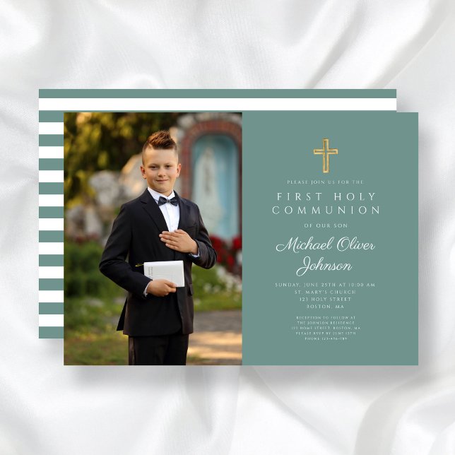 Modern Green Cross Photo Boy First Communion  Invitation (Modern Green Cross Photo Boy First Communion Invitation)