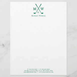 Modern Green Crossed Golf Club Ball Monogram Custom Letterhead