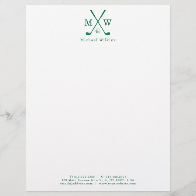 Modern Green Crossed Golf Club Ball Monogram Custom Letterhead (Front)
