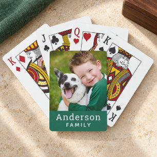 Modern Green Custom Family Name Photo Playing Cards