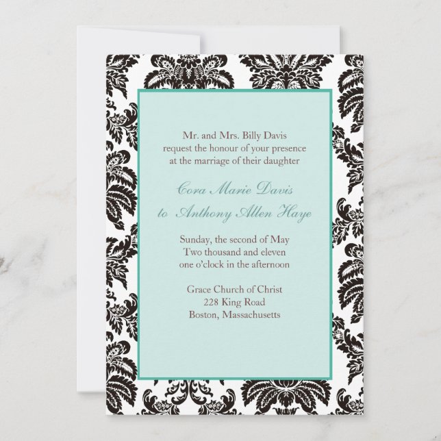 Modern Green Damask Wedding Invitation (Front)