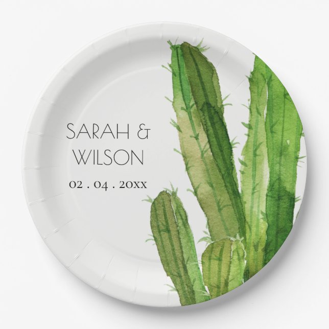 MODERN GREEN DESERT CACTUS FOLIAGE WATERCOLOR PAPER PLATE (Front)