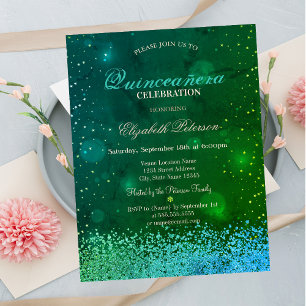 Modern Green Diamonds Green Quinceañera Invitation