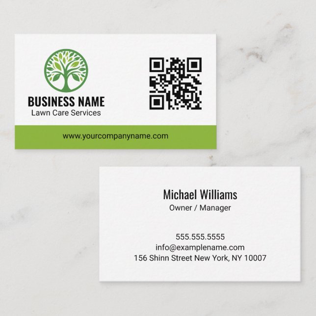 Modern Green Eco-Friendly Lawn Care QR Code Business Card (Front/Back)