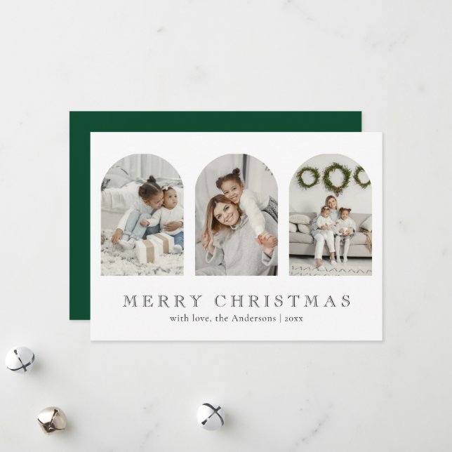Modern Green Elegant Arch Photo Collage Christmas Holiday Card (Front/Back In Situ)
