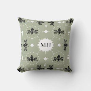 Modern Green Elegant Black Bee Pattern Monogram Cushion