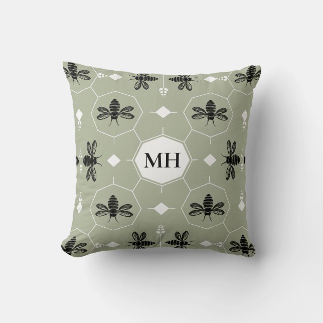 Modern Green Elegant Black Bee Pattern Monogram Cushion (Front)