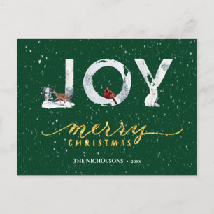 Modern Green Elegant Gold Script JOY Snow Overlay Holiday Postcard