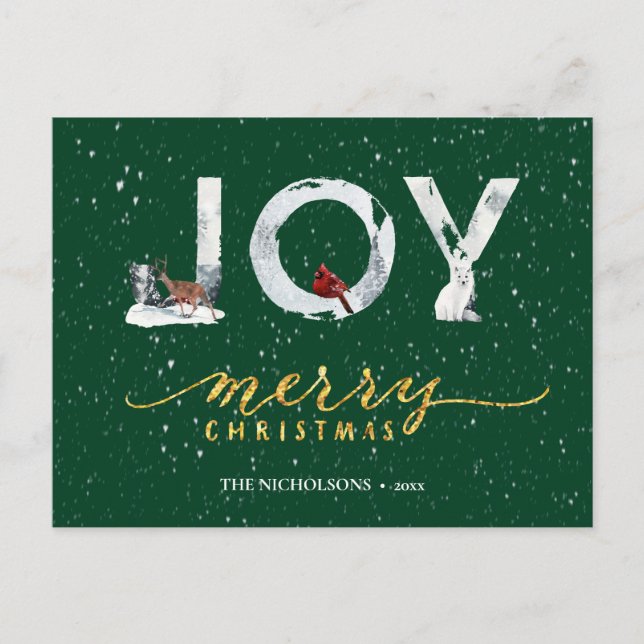 Modern Green Elegant Gold Script JOY Snow Overlay Holiday Postcard (Front)