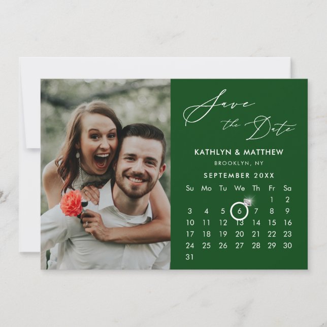 Modern Green Elegant Script Custom Calendar Photo Save The Date (Front)