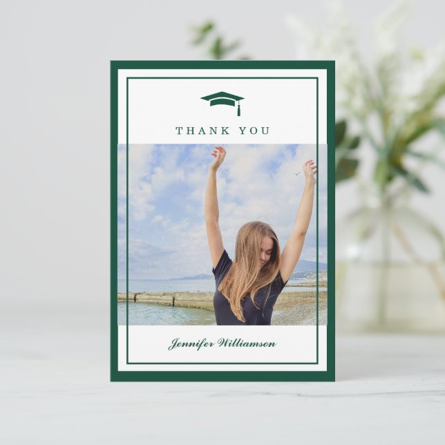 Modern Green Elegant Script Graduation Photo Thank You Card (Standing Front)