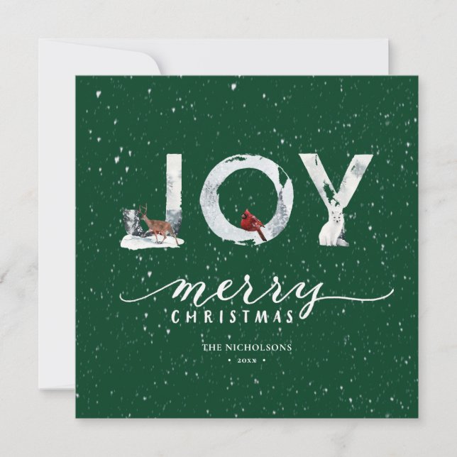 Modern Green Elegant Script JOY White Snow Overlay Holiday Card (Front)