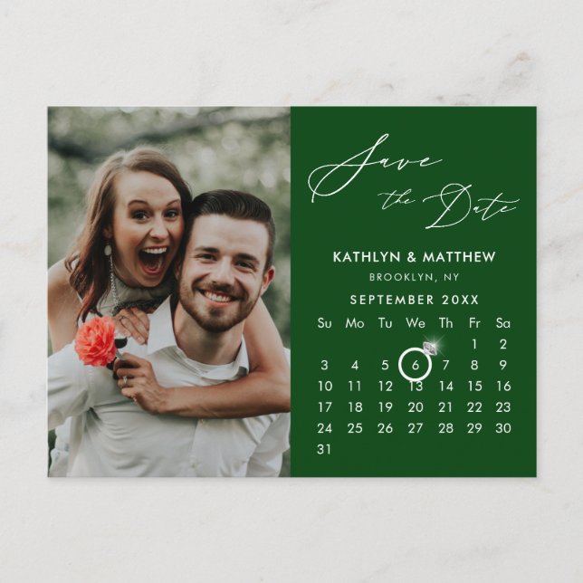 Modern Green Elegant Script Photo Save the Date Announcement Postcard (Front)