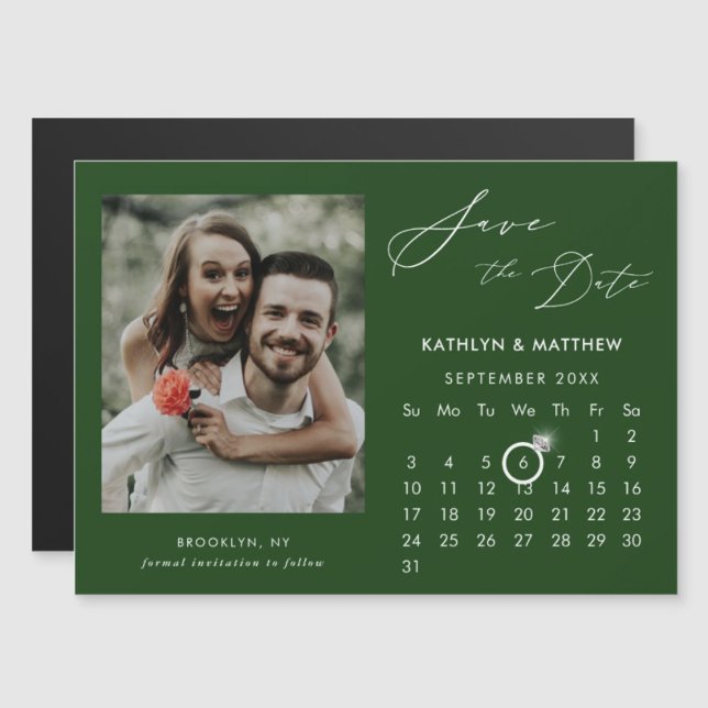 Modern Green Elegant Script Photo Save The Date Magnetic Invitation (Creator Uploaded)