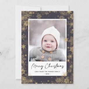 Modern Green Elegant Script Snowflakes Bokeh Holiday Card