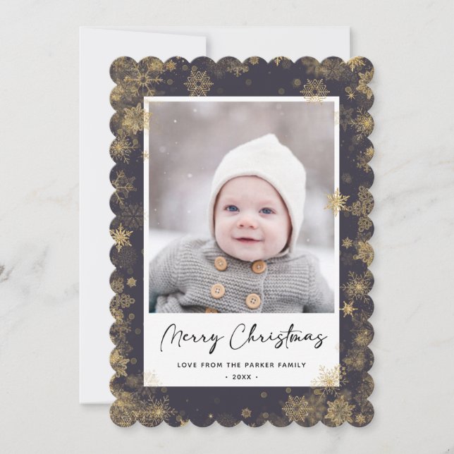 Modern Green Elegant Script Snowflakes Bokeh Holiday Card (Front)