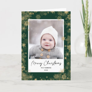 Modern Green Elegant Script Snowflakes Bokeh Holiday Card