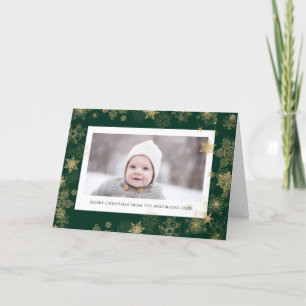 Modern Green Elegant Script Snowflakes Bokeh Holiday Card