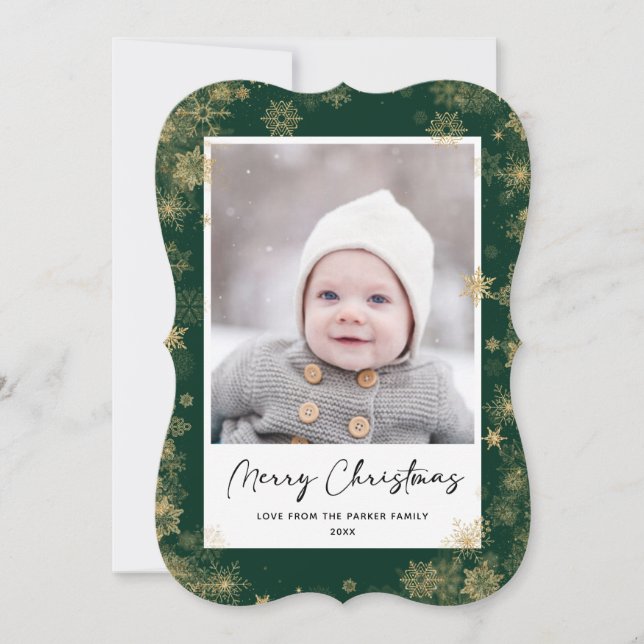 Modern Green Elegant Script Snowflakes Bokeh Holiday Card (Front)
