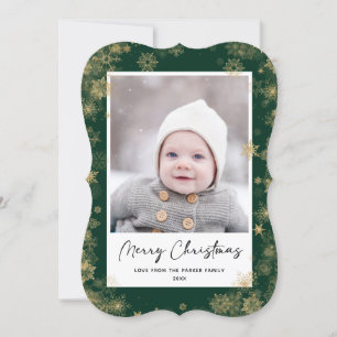 Modern Green Elegant Script Snowflakes Bokeh Holiday Card