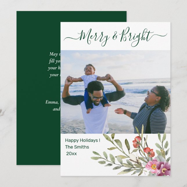 Modern Green Elegant Script Watercolor Floral  Holiday Card (Front/Back)
