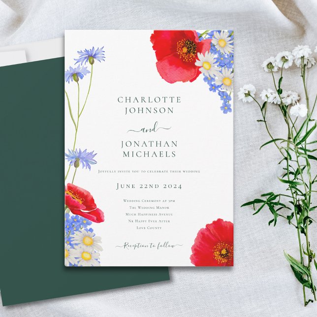 Modern Green Elegant Summer Floral Wedding Invitation (Elegant wildflower watercolor wedding invitation poppy cornflower and daisy floral blue green red)