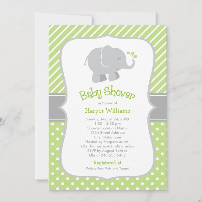 Modern Green Elephant Neutral Baby Shower Invitation (Front)