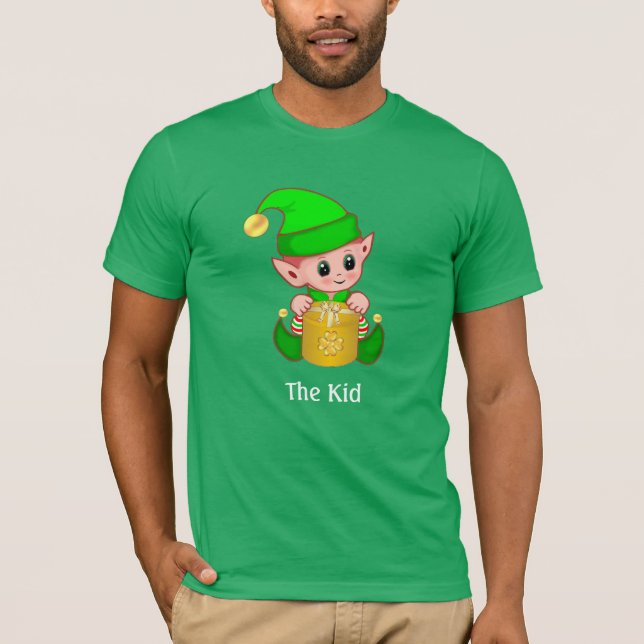 Modern Green Elf & Personalised Text T-Shirt (Front)