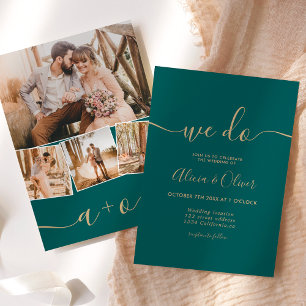 Modern green emerald script photo initials wedding invitation